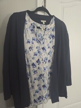 Talbots Navy Open-Front Cardigan with Blue Floral Blouse